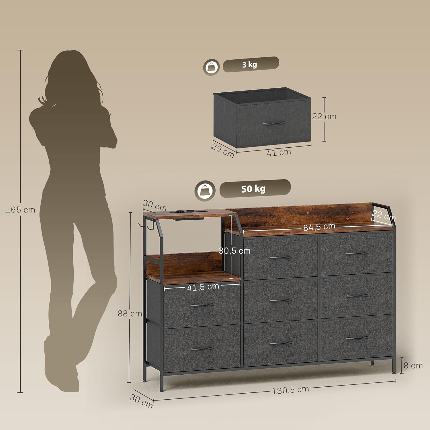 HOMCOM Kommode Schrank mit 8 Schubladen aus Vliesstoff Aufbewahrungsschrank mit Ladestation Haken Stahlrahmen Schubladenschrank für Schlafzimmer, Wohnzimmer, Rustikal-Braun+Schwarz