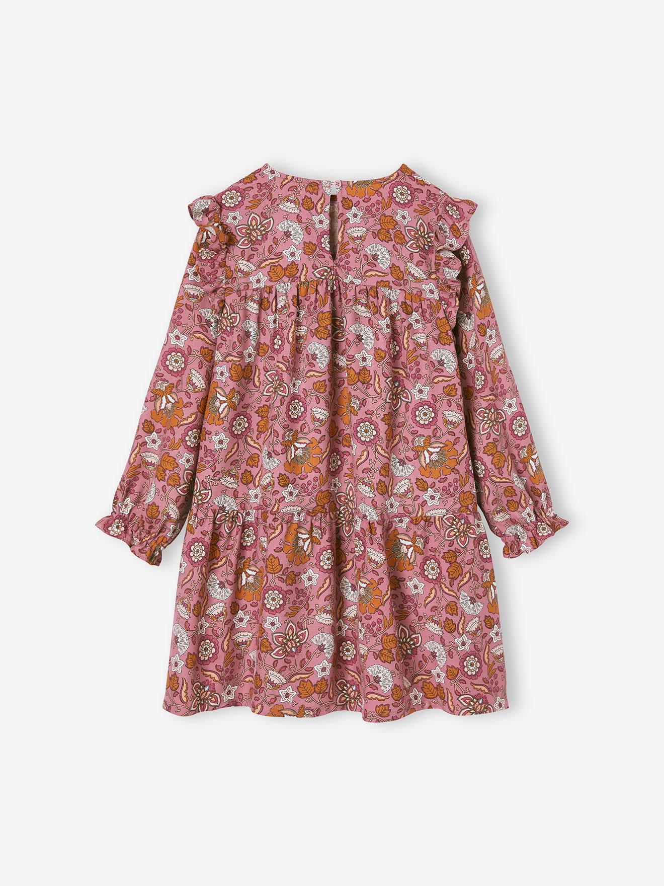 Vestido fluido com babados e motivos florais, para meninas, azul escuro