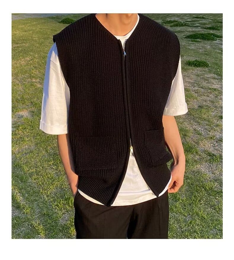 Sinlarity - V-hals vest met rits en effen kleur
