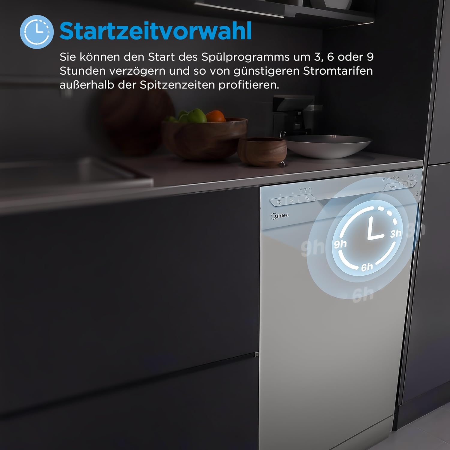 Midea SF 3.45NW PRO Geschirrspüler 45 cm Freistehend und Unterbaufähig, 9 Maßgedecke, Spülmaschine mit WLAN, 5 Programme, Höhenverstellbarer Oberkorb, 47 dB, Weiß