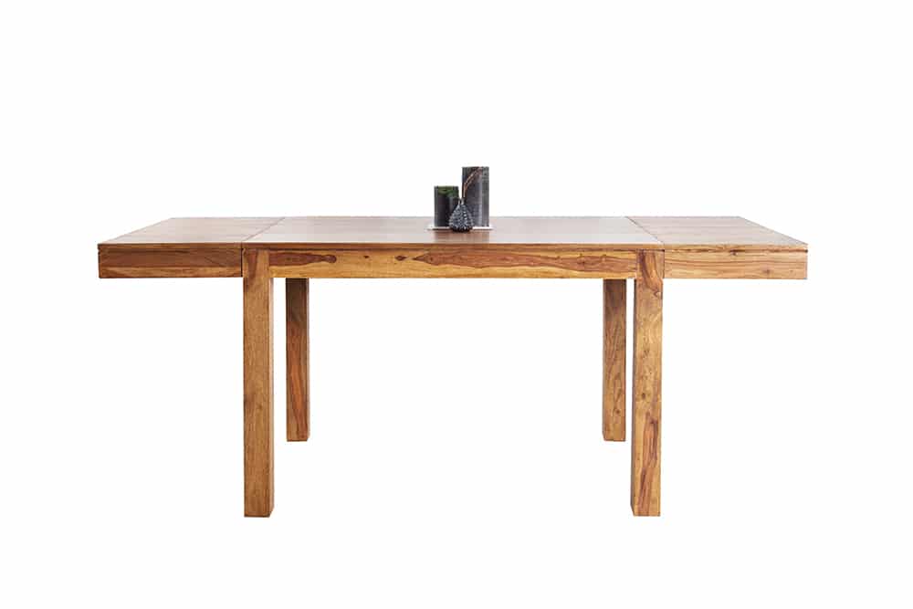 Massiver Holz Esstisch PURE 120-200cm braun Sheesham stone finish mit Ansteckplatten