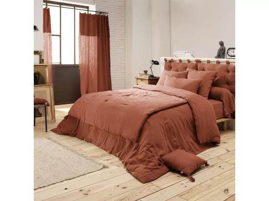OUREA - Couvre-pied 150x150cm Capitonné Gaze de Coton Terracotta