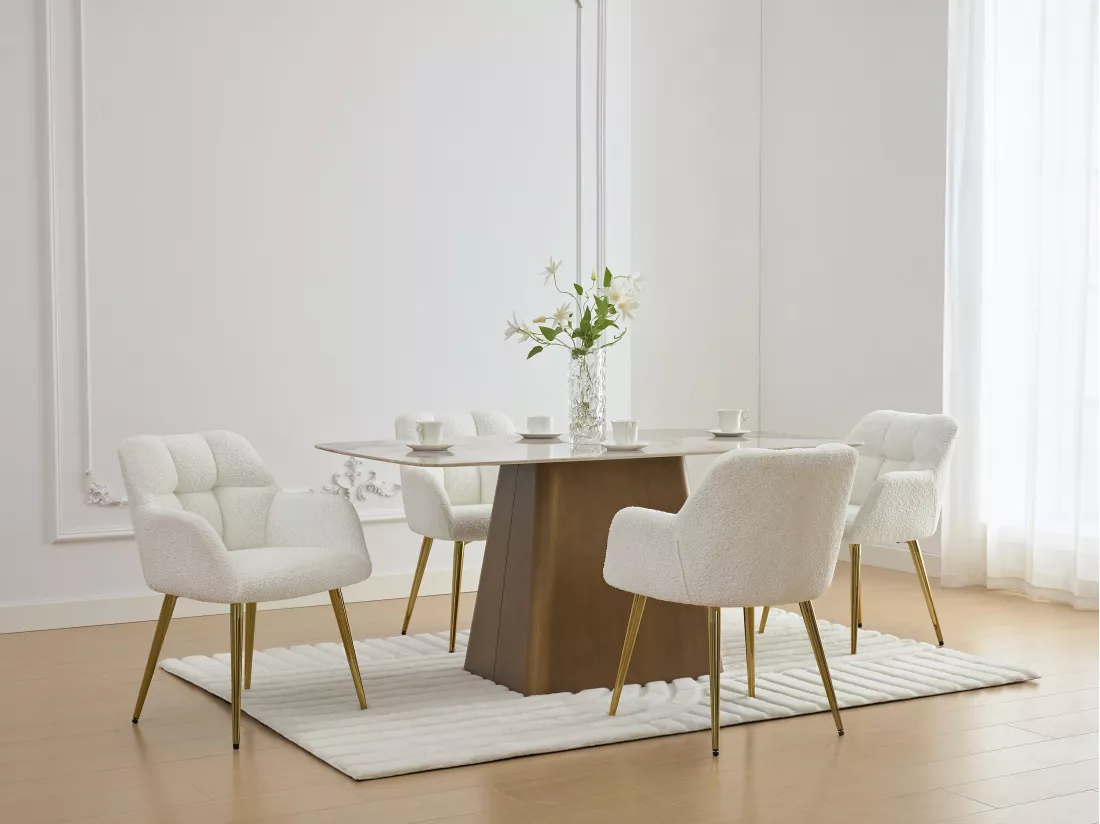 Lot de 6 chaises avec accoudoirs - Tissu bouclette et métal doré - Blanc - PEGA de Pascal MORABITO