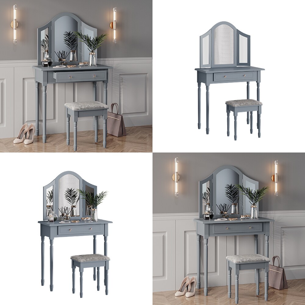 Vicco Schminktisch Frisiertisch Kosmetiktisch Kate Grau Schminkspiegel Hocker 80x134 cm Antik Schlafzimmerkommode Schminkkommode Schublade Ablage Aufbewahrung Frisierkommode Make-Up-Tisch