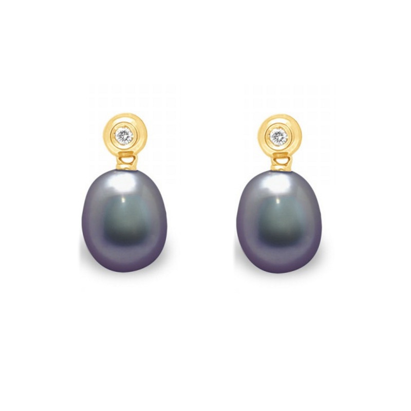 Boucles d'Oreilles Perles de Culture Noires, Diamants et Or Jaune 750/1000