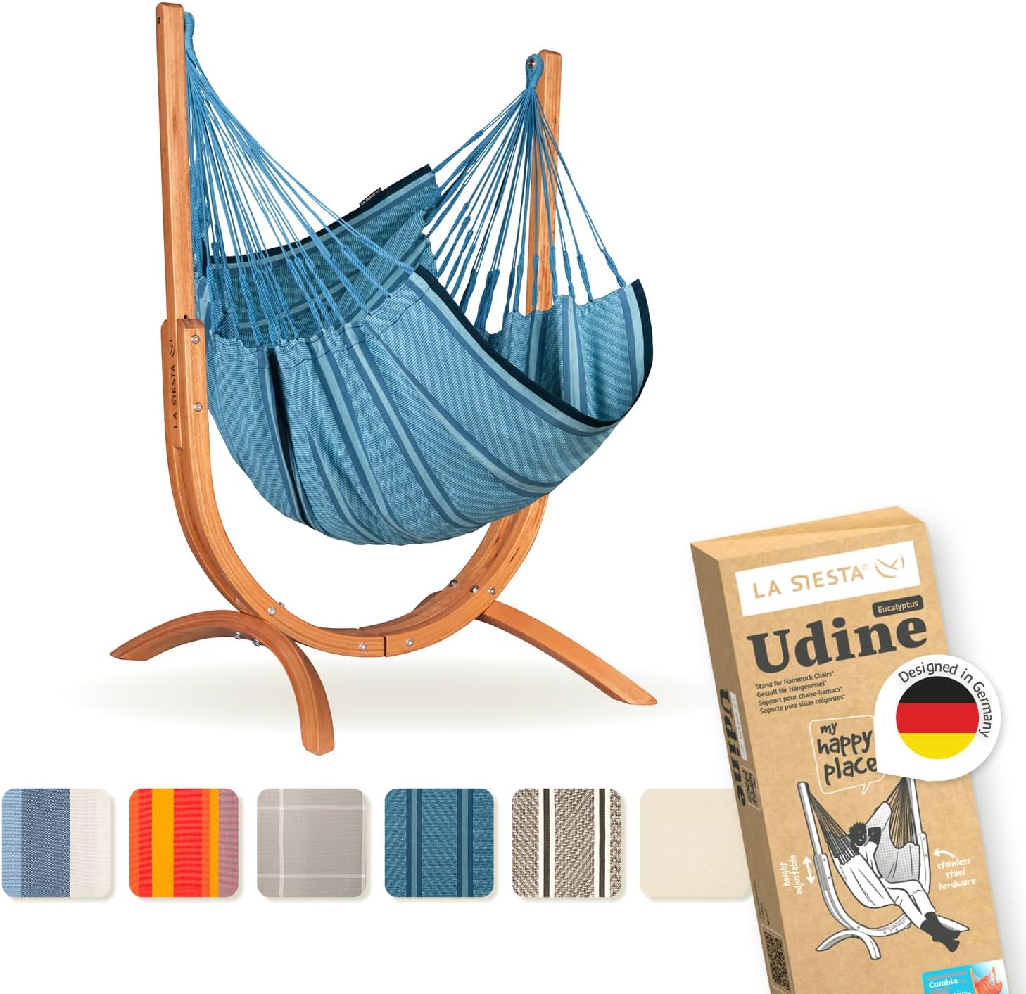LA SIESTA® - Udine Bio-Baumwoll-Hängesessel mit Holzgestell - Handgefertigter, Reißfester, Weicher Indoor Hängesessel mit Gestell, FSC-zertifizierter Eukalyptus-Ständer für Balkon Garten - Blue Zebra