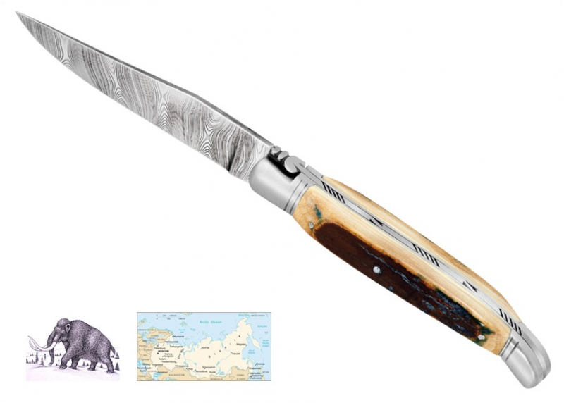 Couteau Laguiole avec une lame Damas et un manche en ivoire de Mammouth