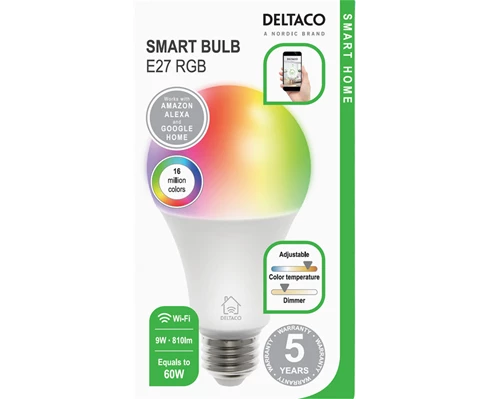 Deltaco Smart E27 RGB, WiFi, 9W, 2700K-6500K, dimbar