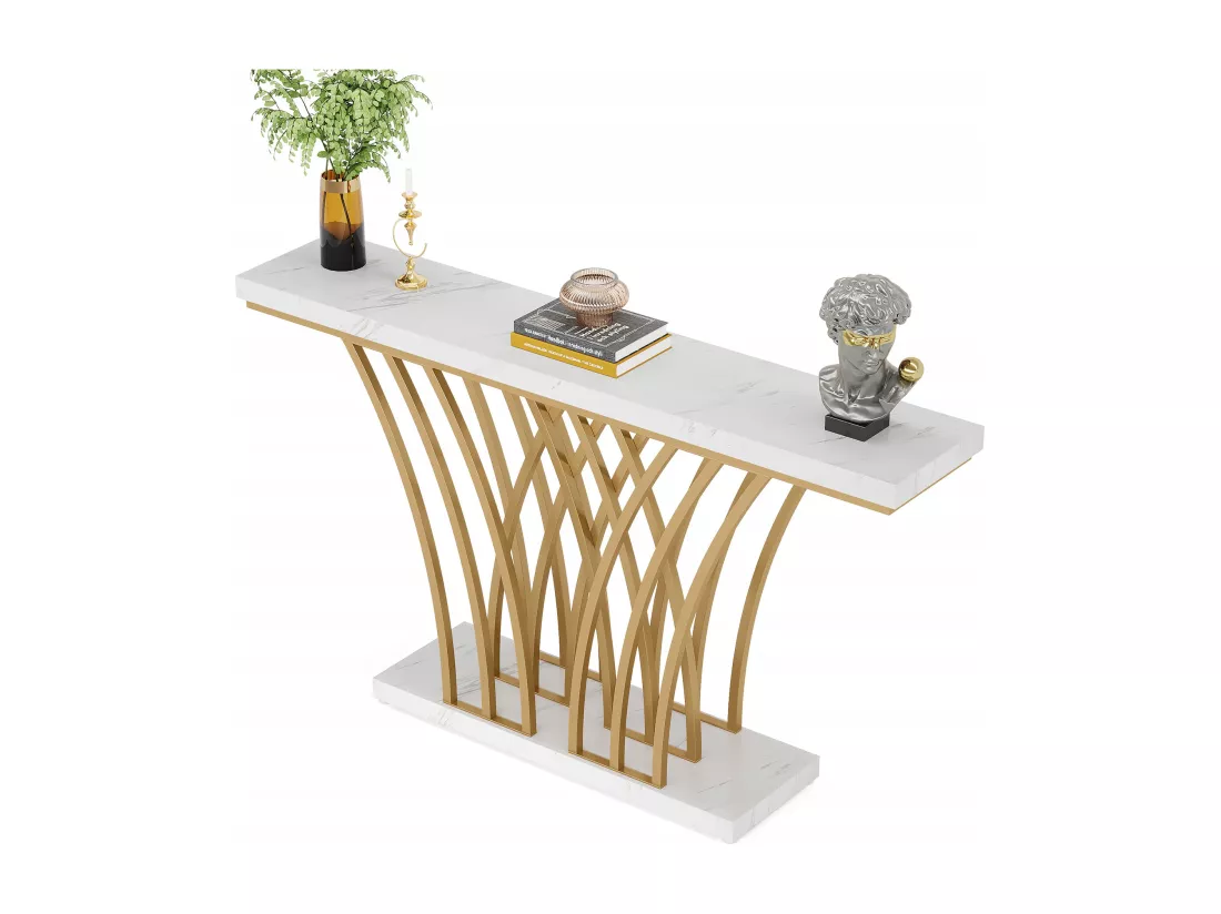 Tribesigns Table Console dorée - 150 x 29,5 x 80 cm - Moderne - avec Pied en métal en Forme de Grille - pour entrée, Couloir, entrée, Salon (Blanc)