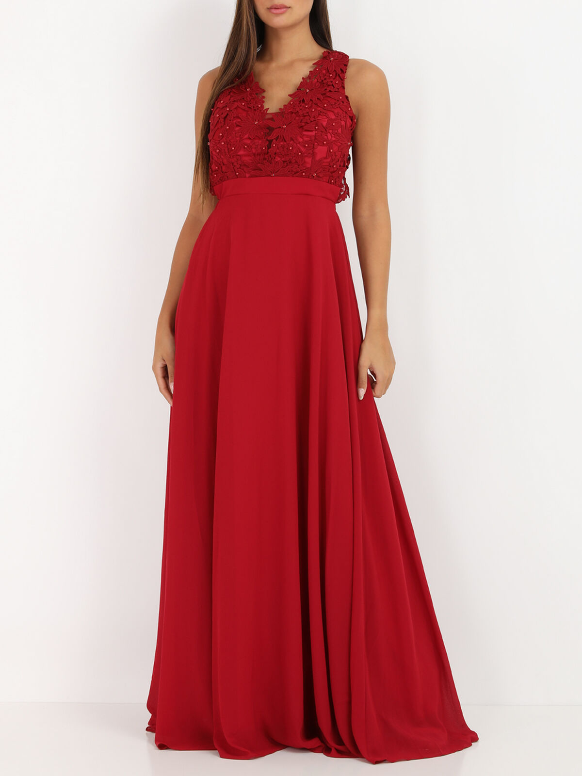 Robe longue à broderies fleuries- Rouge