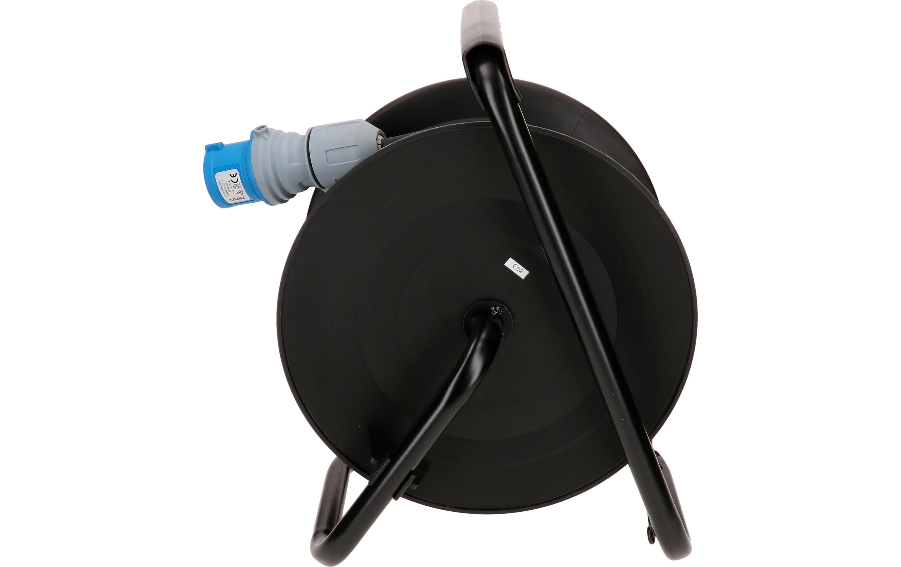 Kabelrolle 30 m, 1x T23, 1x CEE16/3, 1x Schuko, Schwarz<br>30 m Kabeltrommel mit Metallrahmen für den Aussenbereich