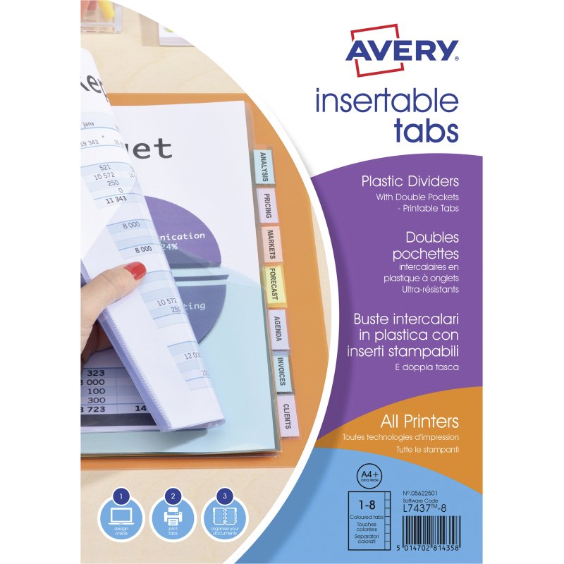 Double pochette intercalaire A4+ polypropylène coloré Avery 8 onglets multicolores - 1 jeu