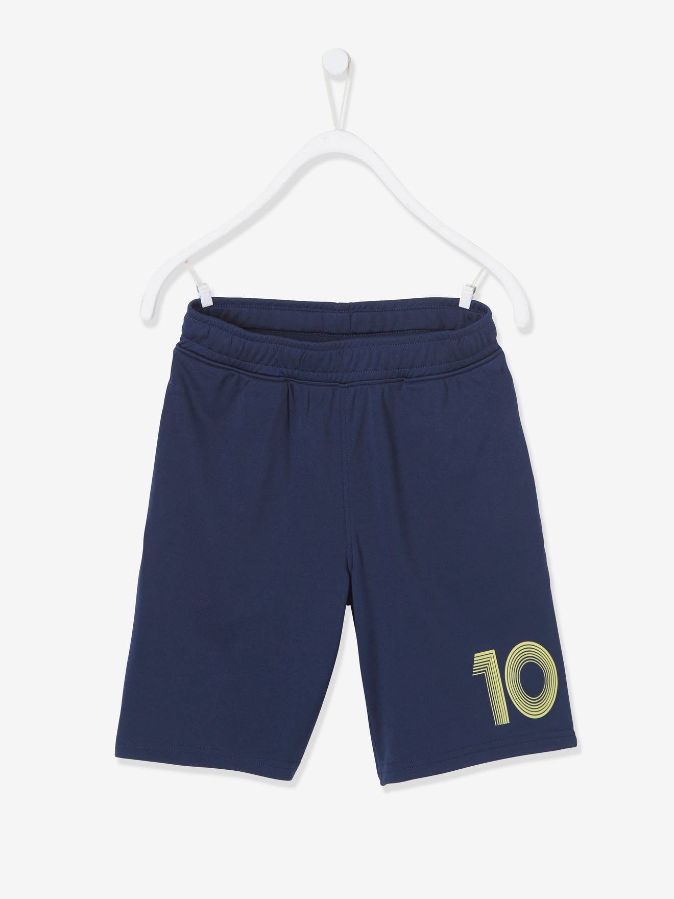 Calções desportivos número 10, fabricados em tecido técnico preto liso com padrões.