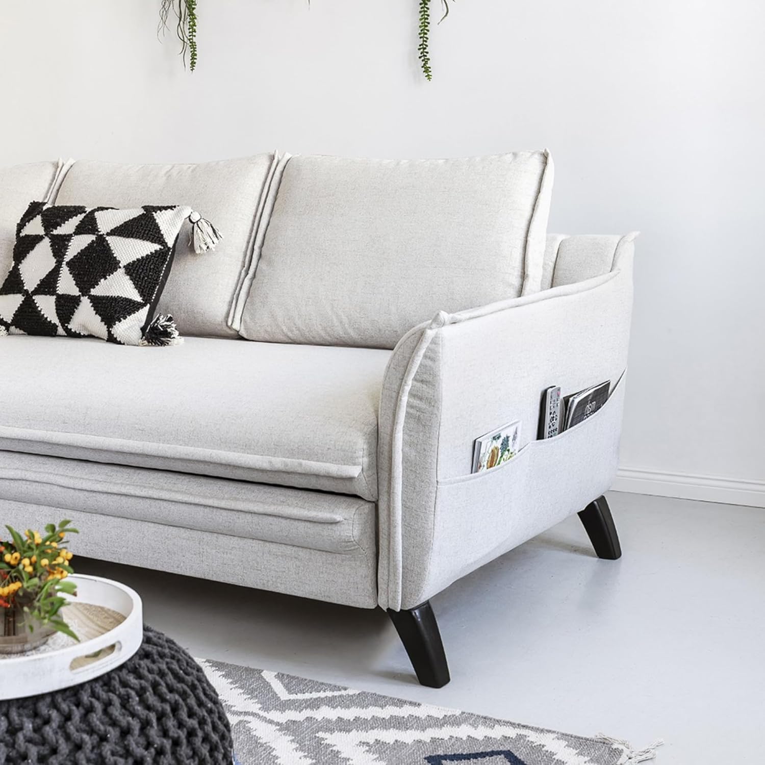 MIUFORM Charming Charlie mit Bettkasten und mit Bettfunktion | 4 Sitzer Sofa | L-form links | 228 x 150 x 90cm | Klappsofa mit Schlaffunktion | Schlafsofa klappbar (Beige)