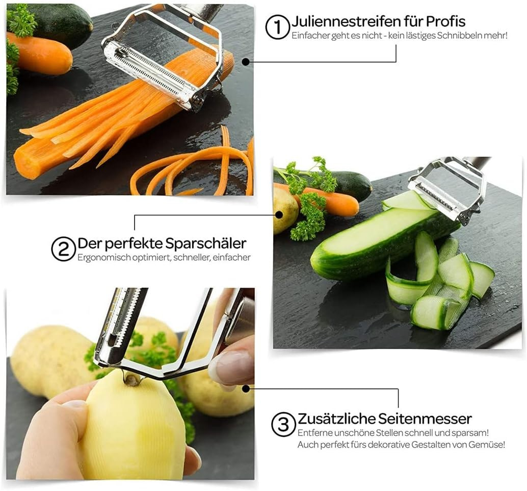 2in1 Edelstahl Gemüse Schäler Obst Peeler Julienne Stifte Sparschäler für Äpfel / Karotten / Kartoffeln - Silber