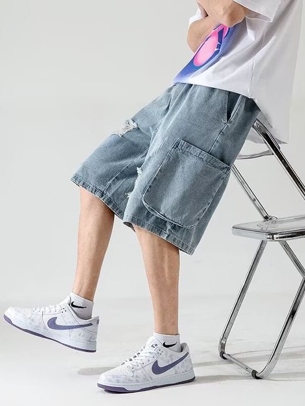 Capbrew - Mid Rise Washed Distressed Cargo Denim Shorts