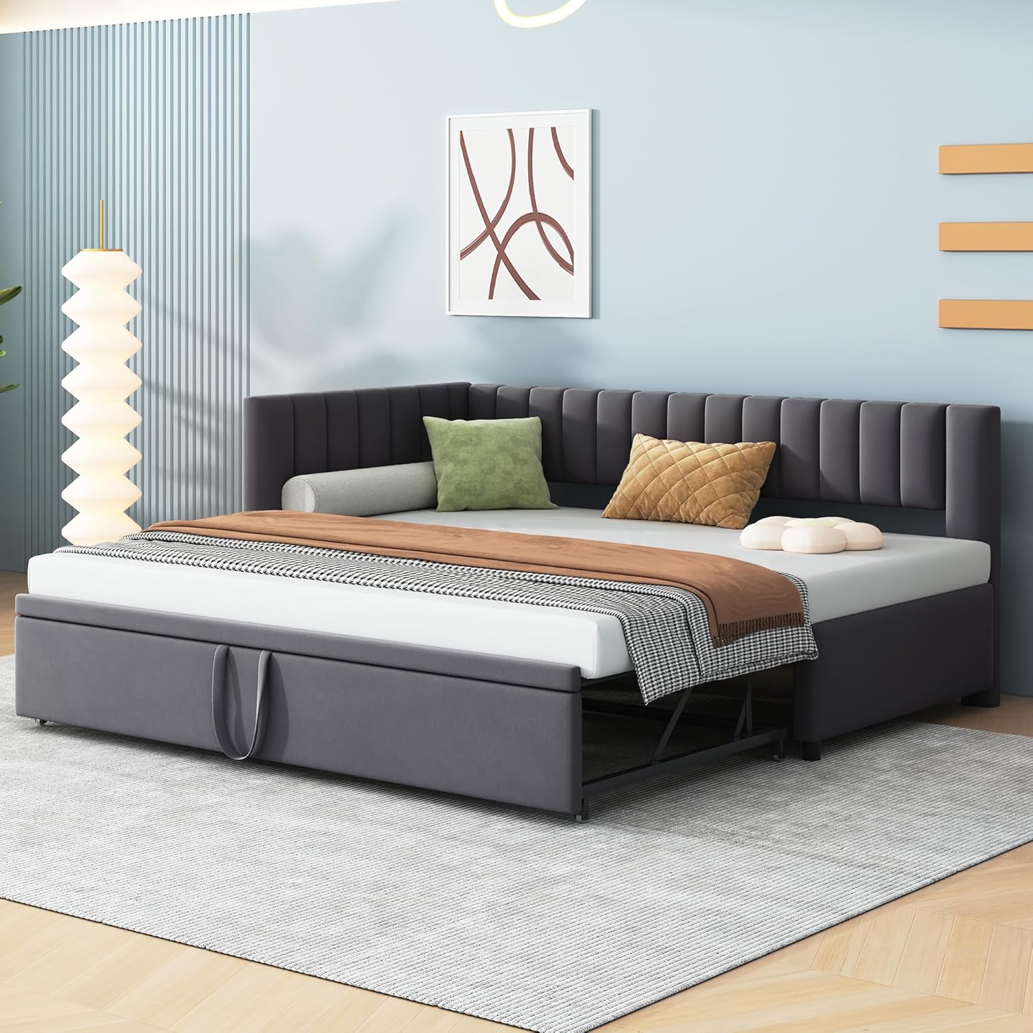 Multifunktionales L-förmiges Schlafsofa mit Ausziehbett 90/180 * 200cm, Polsterbett in Samtstoff, platzsparendes Design für Kinderbett, Gästebett（Ohne Matratze） (dunkelgrau)
