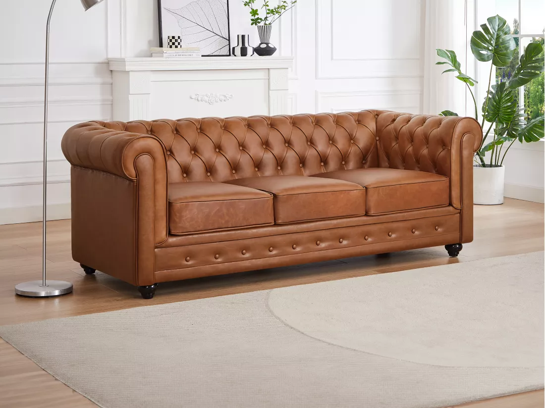 Canapé 3 places en cuir de vachette camel CHESTERFIELD
