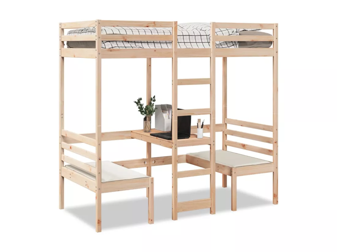Lit mezzanine avec bureau et chaises 90x190 cm pin massif