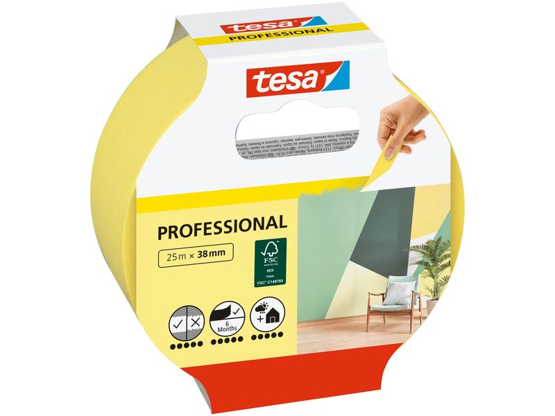 tesa Malerband Malerkrepp Professional 25m x 38 mm Dünnes Washi-Papier für Malerarbeiten, für innen und aussen