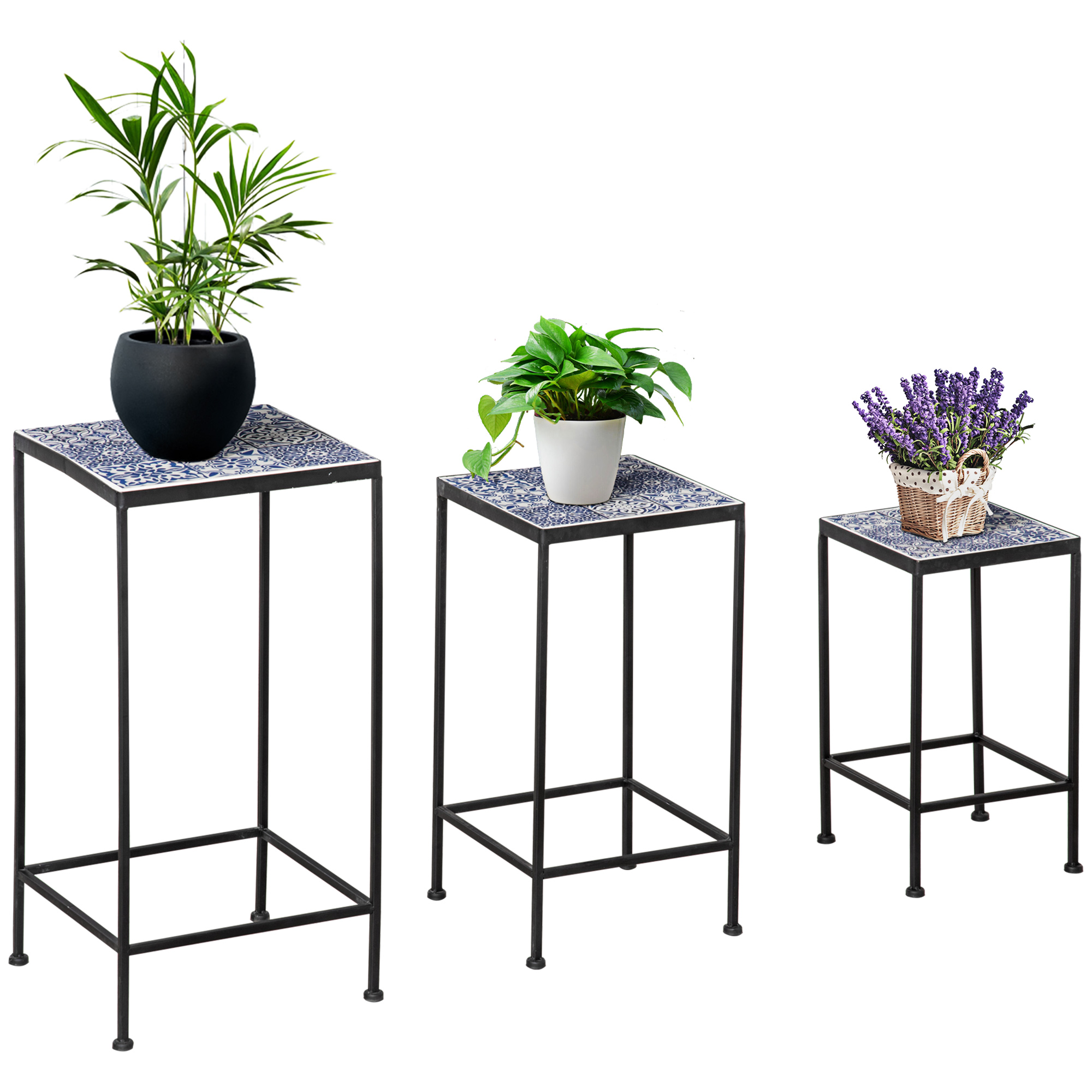 Suportes de metal para plantas Outsunny, conjunto de 3 peças empilháveis com tampo decorativo em azulejo para uso interno e externo, 31,5 x 31,5 x 60,5 cm, azul e preto.
