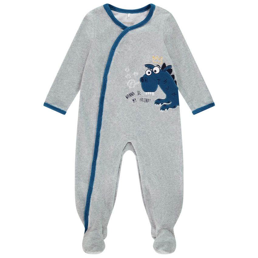 Dors-bien en velours broderie dragon pour bébé garçon - Gris chiné