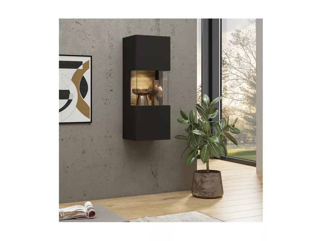 Petite vitrine suspendue 1 porte partiellement vitrée collection EVA. Couleur noir et chêne.