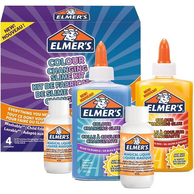Kit pour slime changuement couleur elmer's  colle /liquide magique /activateur slime bleu/violet et jaune/rouge