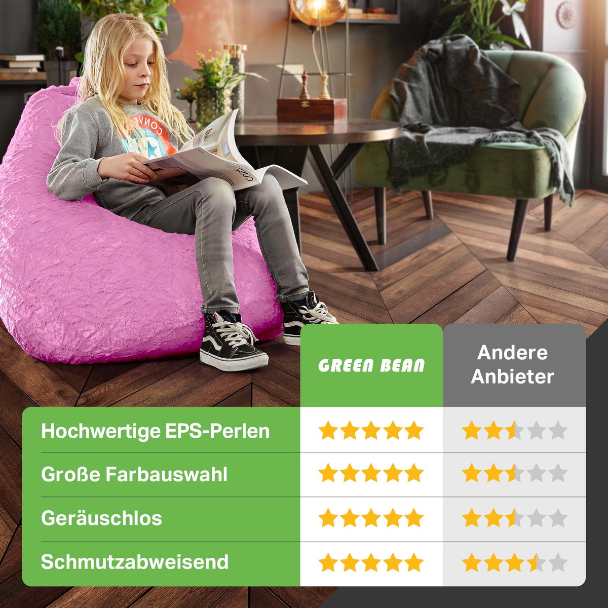 Green Bean Pluche Zitzak 45x45x60cm - Binnenzitkussen met 120L EPS-korrelvulling, comfortabel, wasbaar - Zitzak Vloerkussen, Loungestoelkruk - Roze