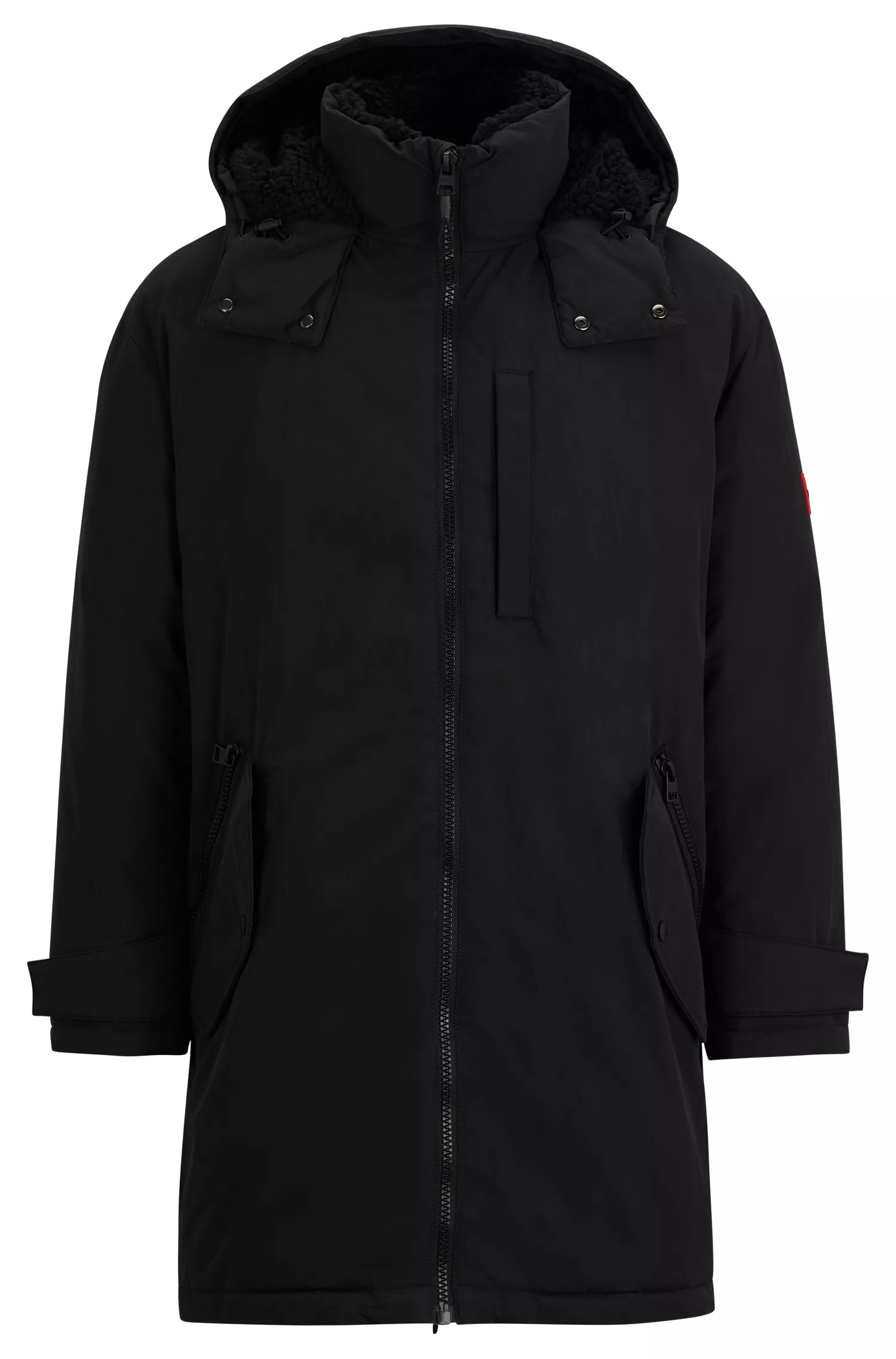 Jaqueta parka HUGO vermelha, repelente à água, com cauda de peixe e emblema com o logotipo.