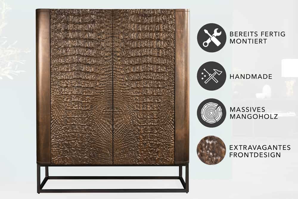 Handgefertigtes Highboard CROCO 120cm braun Mangoholz massiv 3D-Design