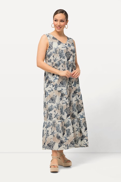 Kleid, Leinenmix, Korallen, V-Ausschnitt, ärmellos