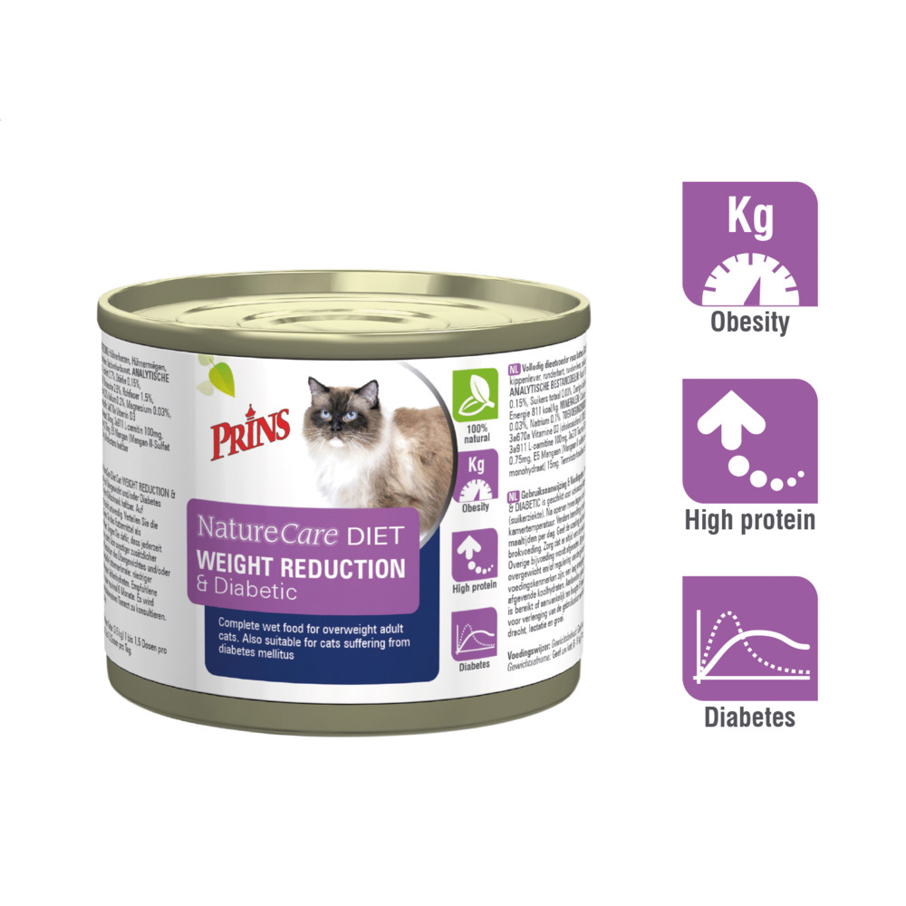 6x Prins NatureCare Diet Kattenvoer Nat Weight Reduction & Diabetic200 gr