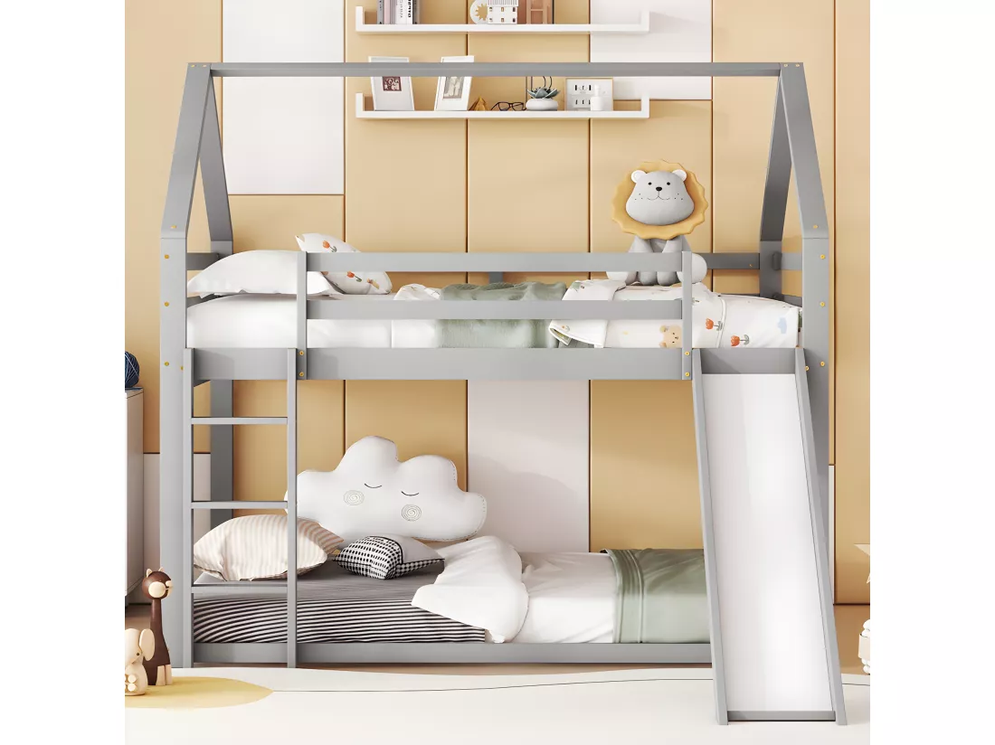 Lit superposé cabane avec toboggan et échelle - 140x200cm - cadre en pin massif - Gris