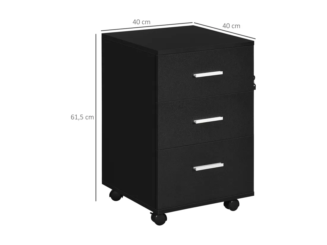 Caisson de bureau rangement bureau sur roulettes 3 tiroirs verrouillables dim. 40L x 41,5l x 61,5H cm noir