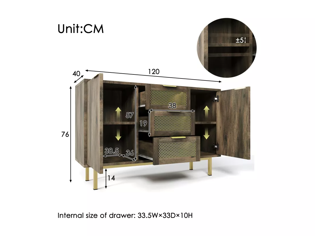 Commode avec 3 tiroirs et étagères réglables - poignées en métal - Marron