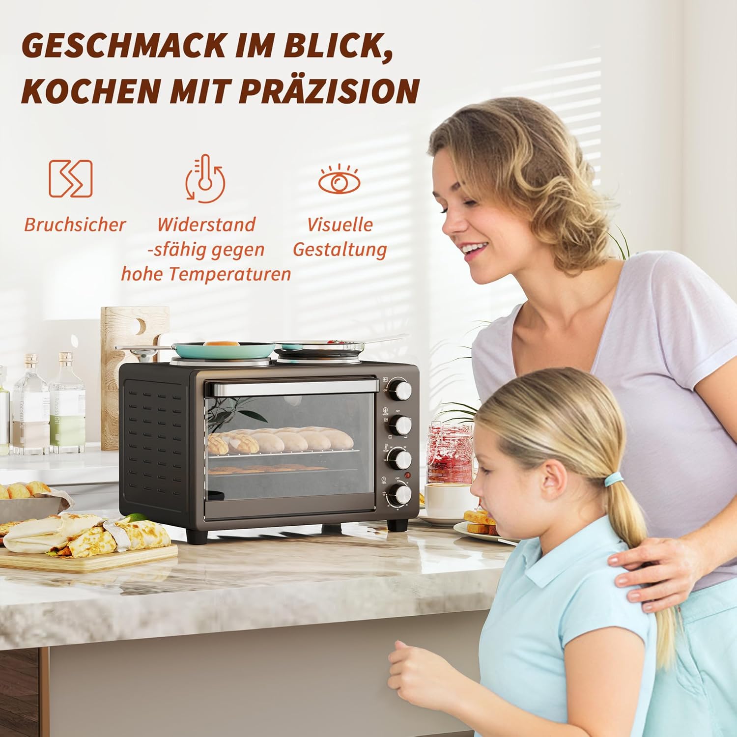 HOMCOM Minibackofen 28 L 2600W 100-230℃ Pizzaofen mit 60 Min. Timer, Grillrost 2 Kochplatten, Backblech, Mini Backofen mit Tablettgriff, Krümelblech, Schwarz