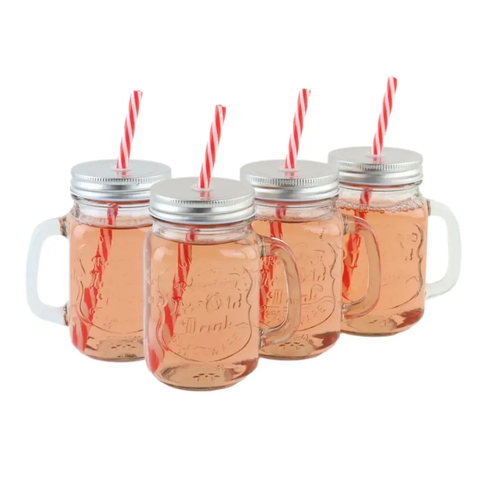 OTIX Mason jar Drinkbeker met Rietje Set van 4 Zilvere dop 450 ml