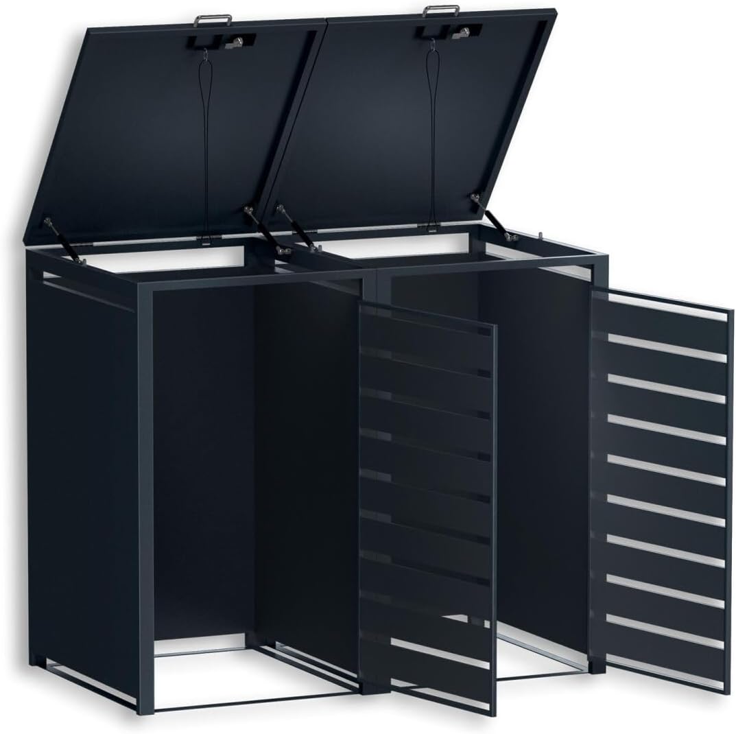 Metzler Mülltonnenbox in Anthrazit mit Sichtstreifen 2er 240L, Mülltonnenverkleidung 2 Tonnen, witterungsbeständiger und pulverbeschichteter Stahl mit Automatikdeckel, abschließbar, Garten- & Müllbox