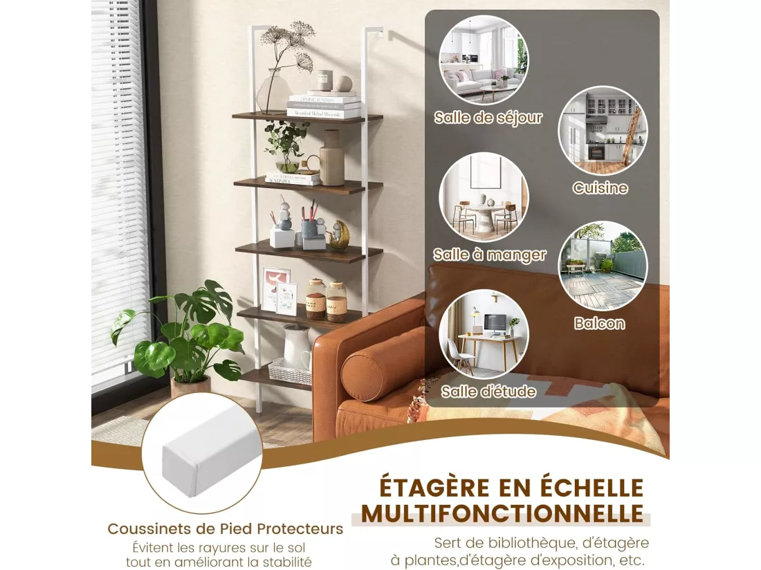 Étagère Échelle Bibliothèque à 5 Niveaux avec Cadre Métallique, Étagère Murale à 5 Niveaux 60x30x180CM (Marron + Blanc)