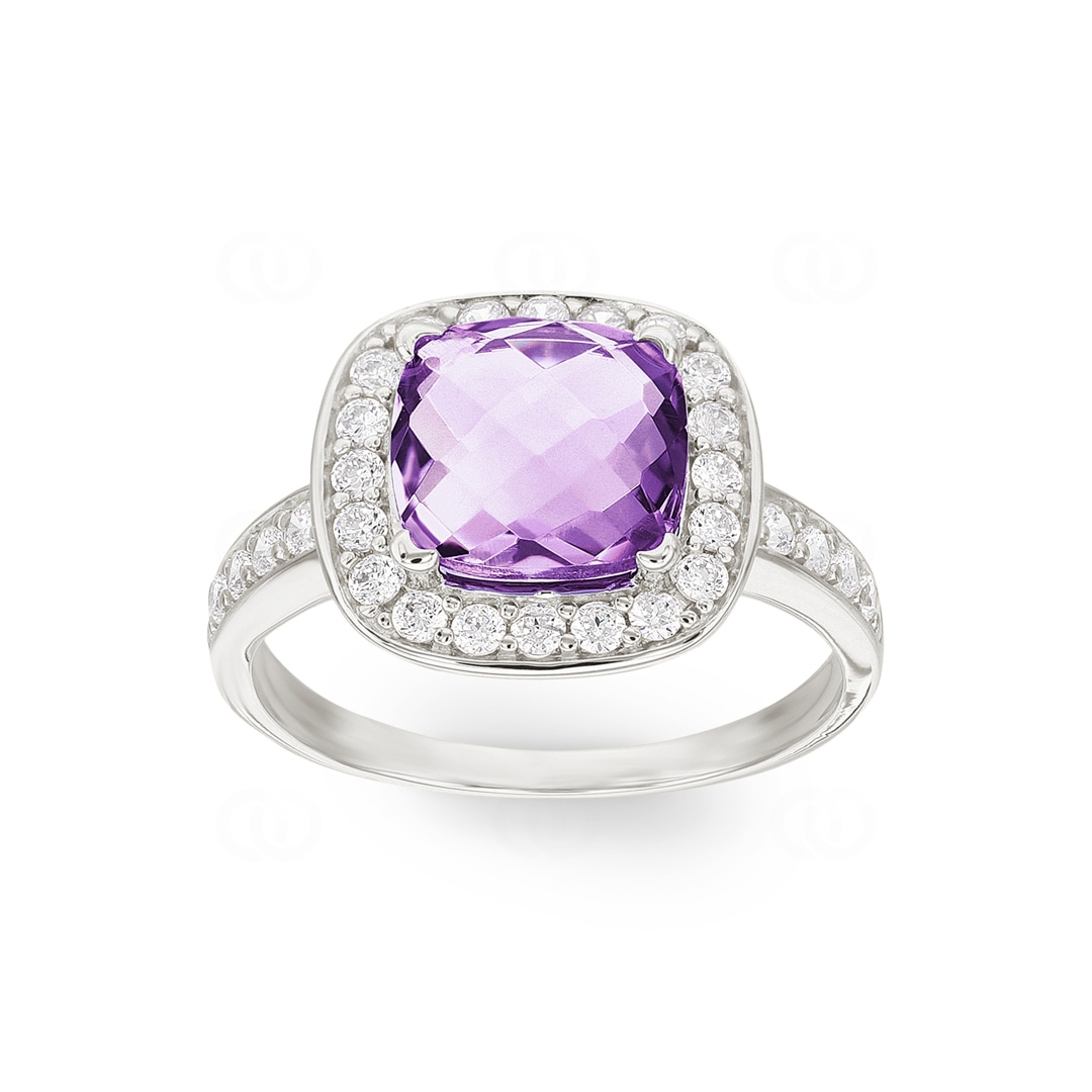 Damenring 750/18 K Weissgold mit Amethyst Kissen und Zirkonia