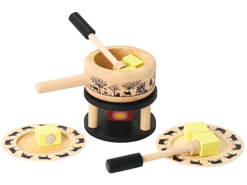 Spielba Holzspielwaren Fondue Set mit Teller und Gabel Hochwertiges Fondue-Set
