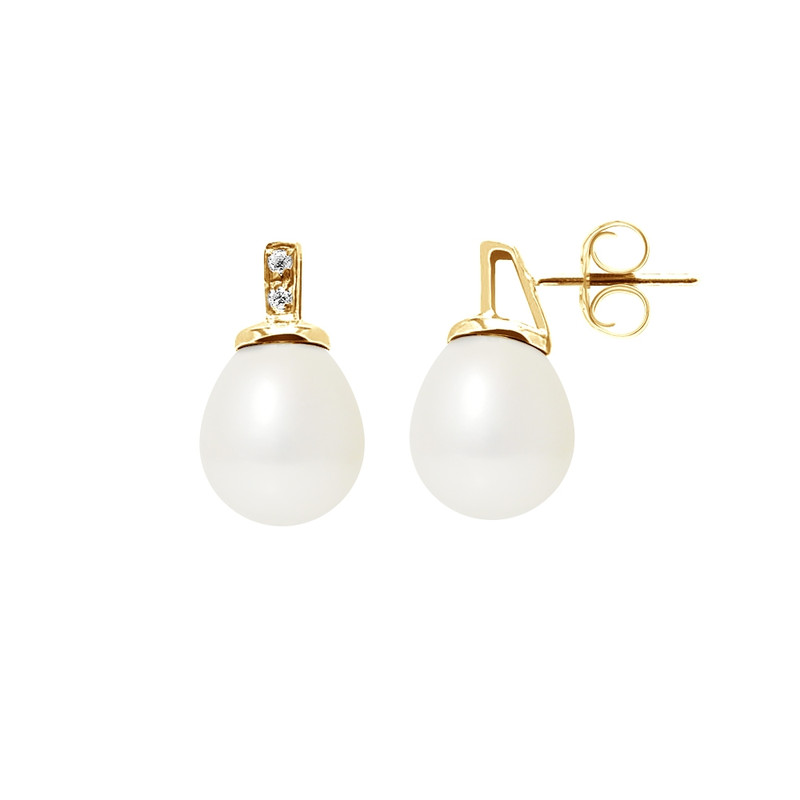 Boucles d'Oreilles Perles de Culture Blanches, Diamants et Or Jaune 750/1000