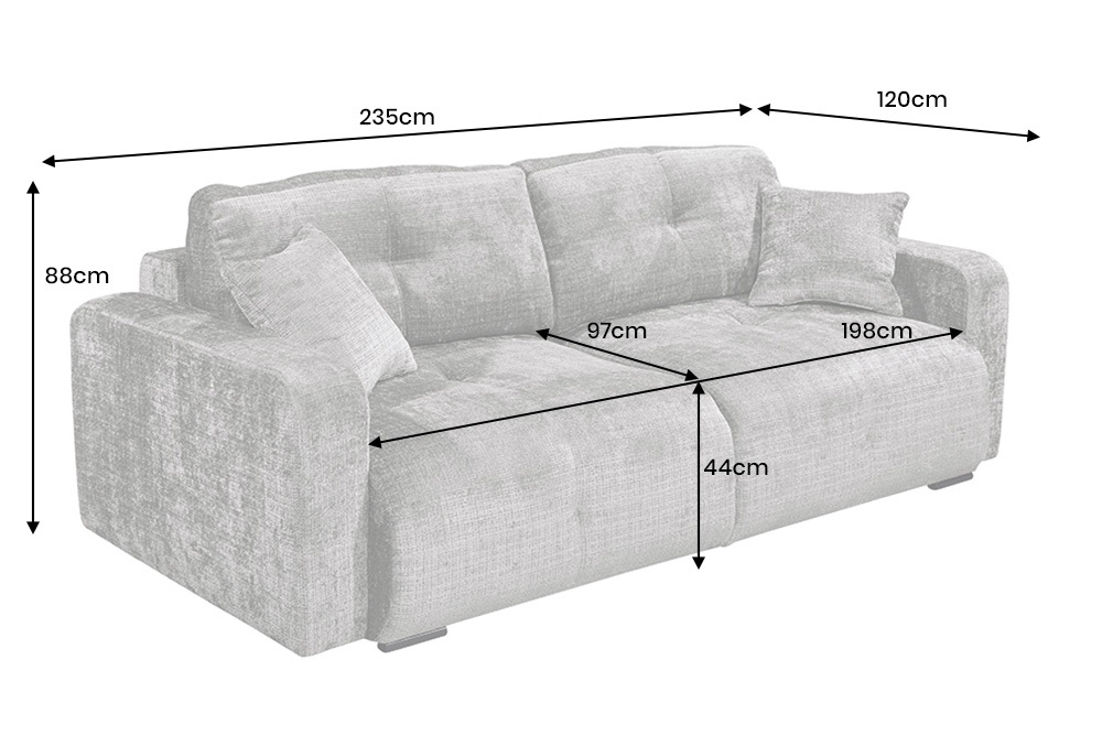 Modernes Schlafsofa DIAMOND 235cm silbergrau Chenille Cremona mit Stauraum 3-Sitzer