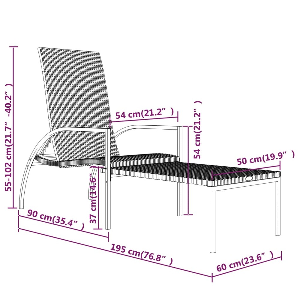 Transat chaise longue bain de soleil lit de jardin terrasse meuble d'extérieur avec repose-pied résine tressée noir 02_001259