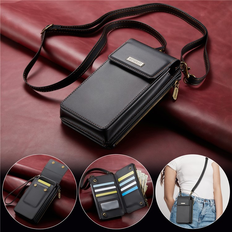 (17x10x3cm) Universal Handy Leder Umhängetasche Portemonnaie Fashion Crossbody Bag (RFID Schutz) - Schwarz