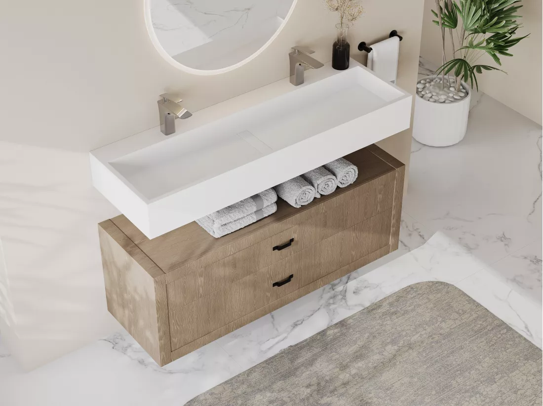 Vasque suspendue en solid surface - Blanc - L120 x l40 x H15 cm - YAMDROK