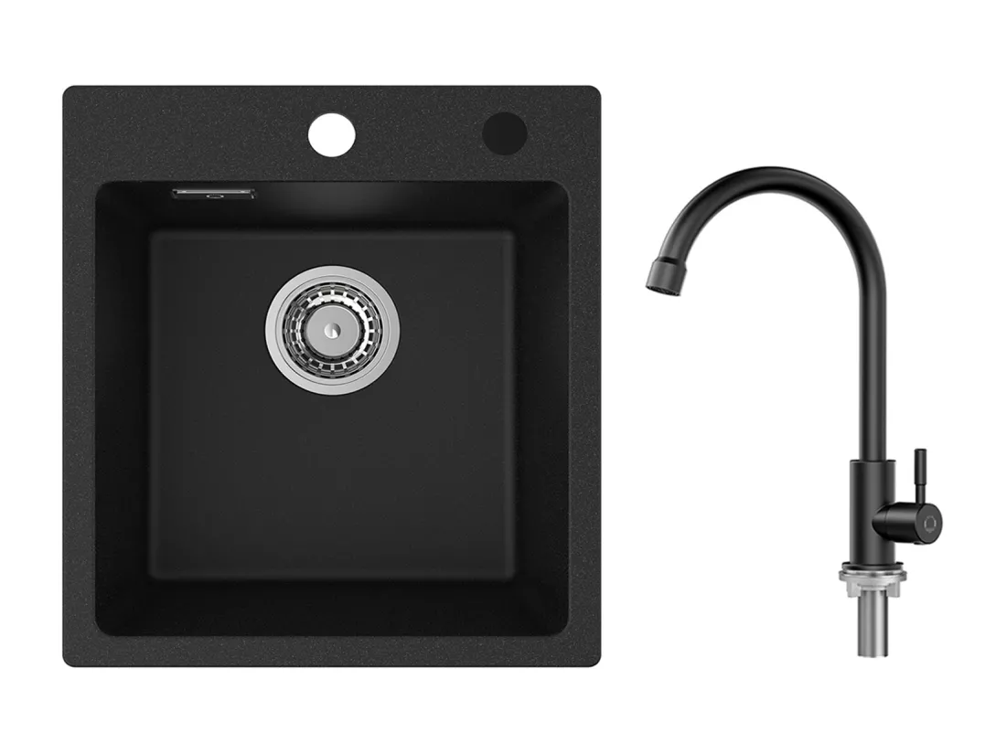 Cecipa MAX 40x45cm Noir Evier de Cuisine en Quartz et Résine Evier 1 Bac + Robinet de Cuisine à eau Froide,Noir