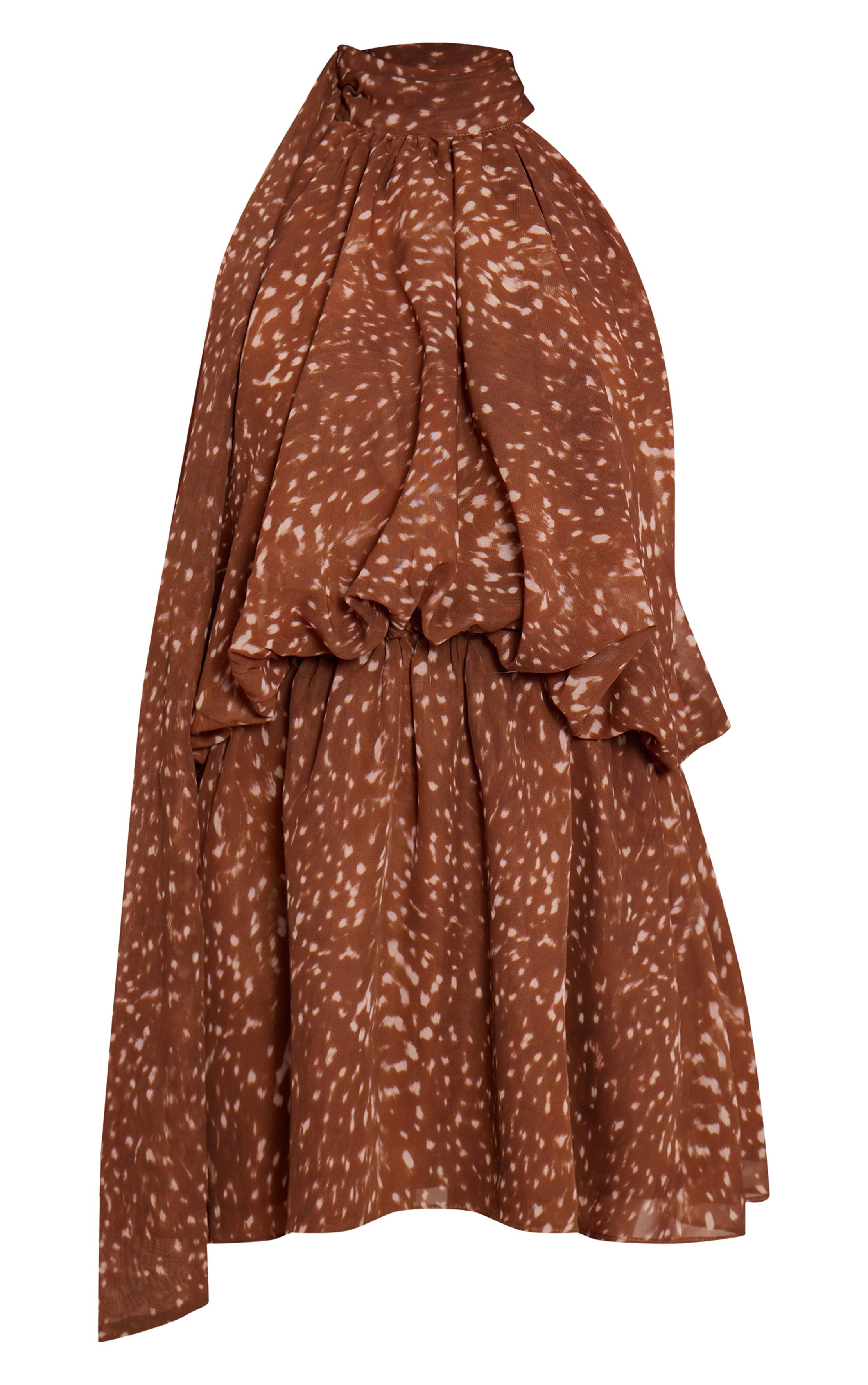 Marron Robe Petite À Col Montant Imprimée Avec Volants Style Foulard