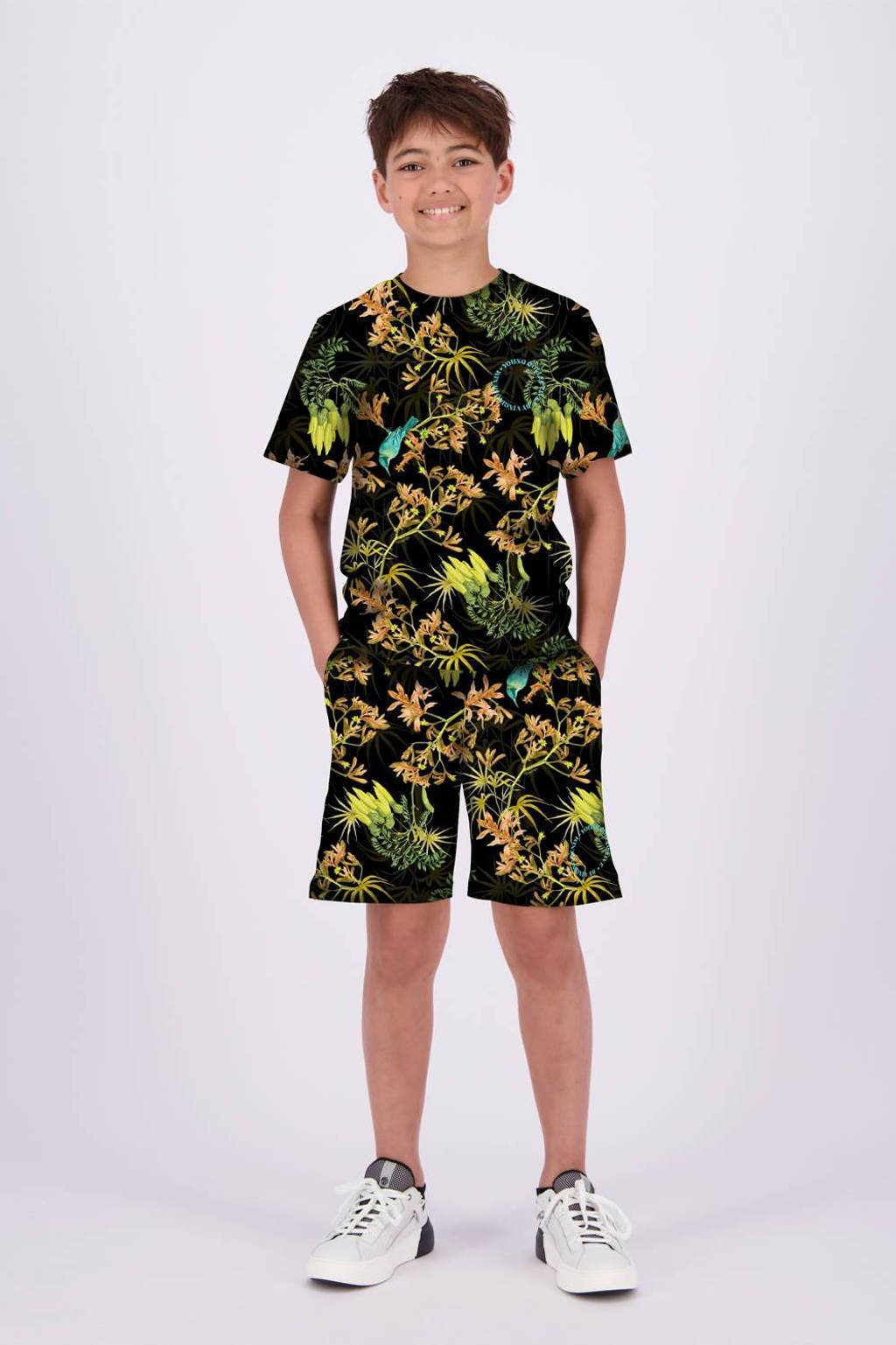 Vingino T-shirt Jerro met all over print zwart/neon geel/oranje